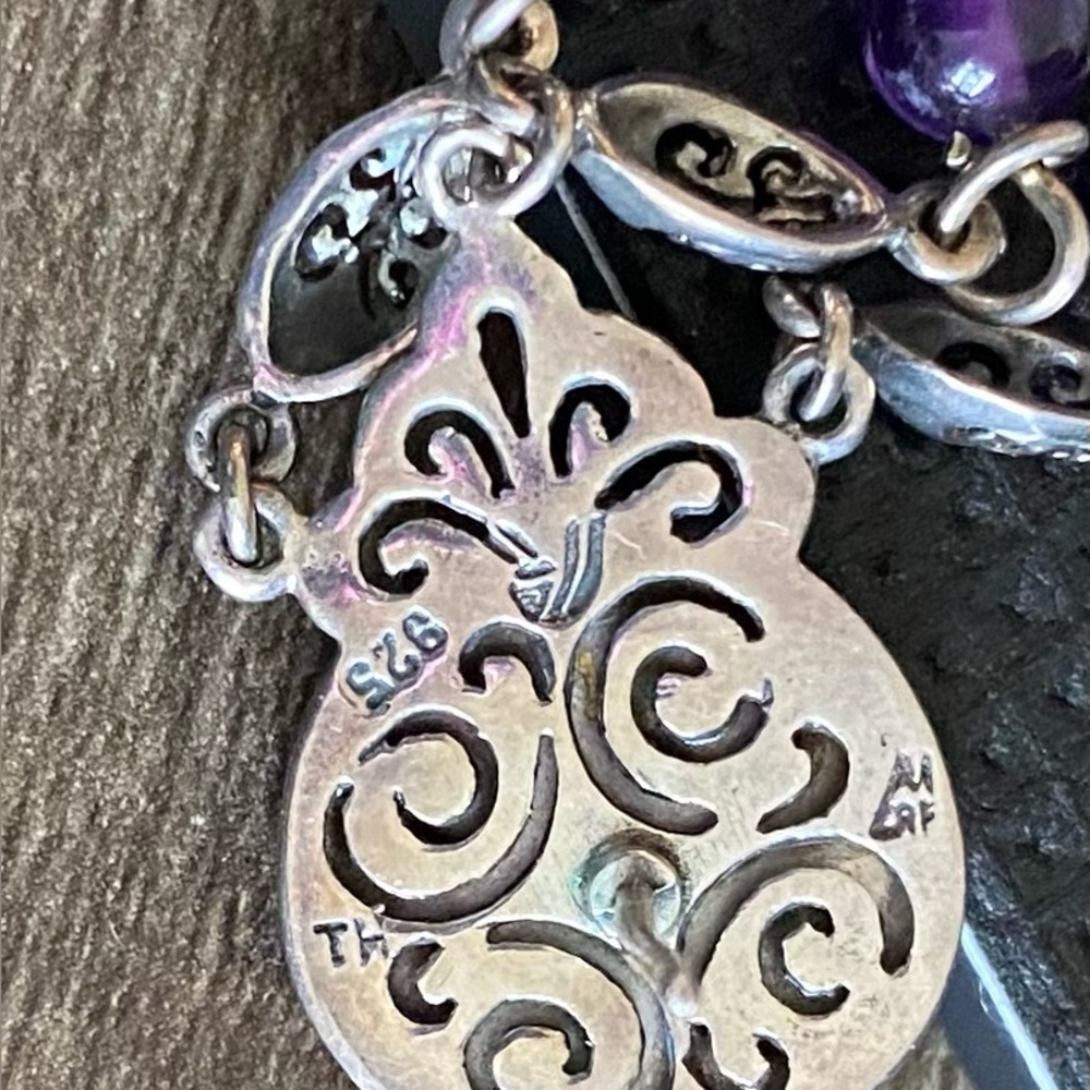 Vintage Sterling Silver Filigree Earrings Mo Pearl Amethyst Drops Hallmarked - Picture 6 of 6